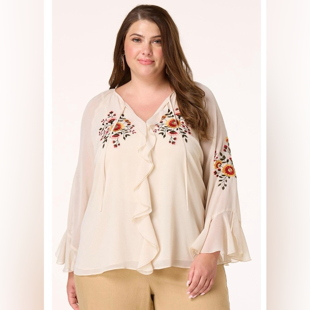 NWT Plus Size Cato Embroidered Ruffle Top